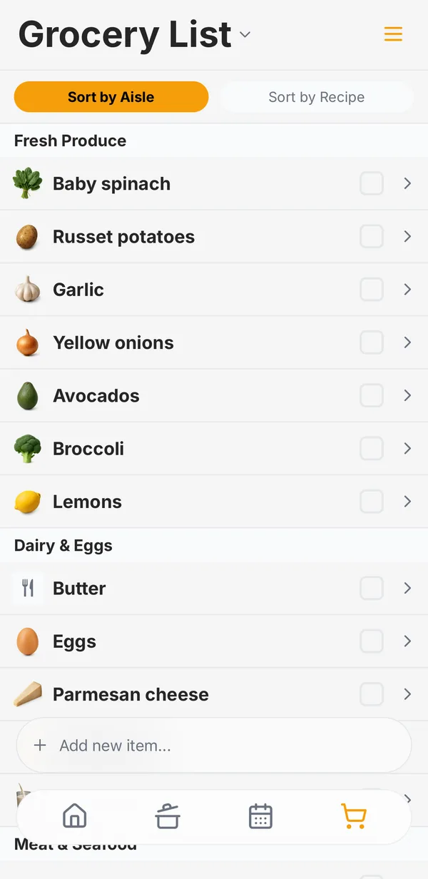 The grocery list the plan's ingredients land on