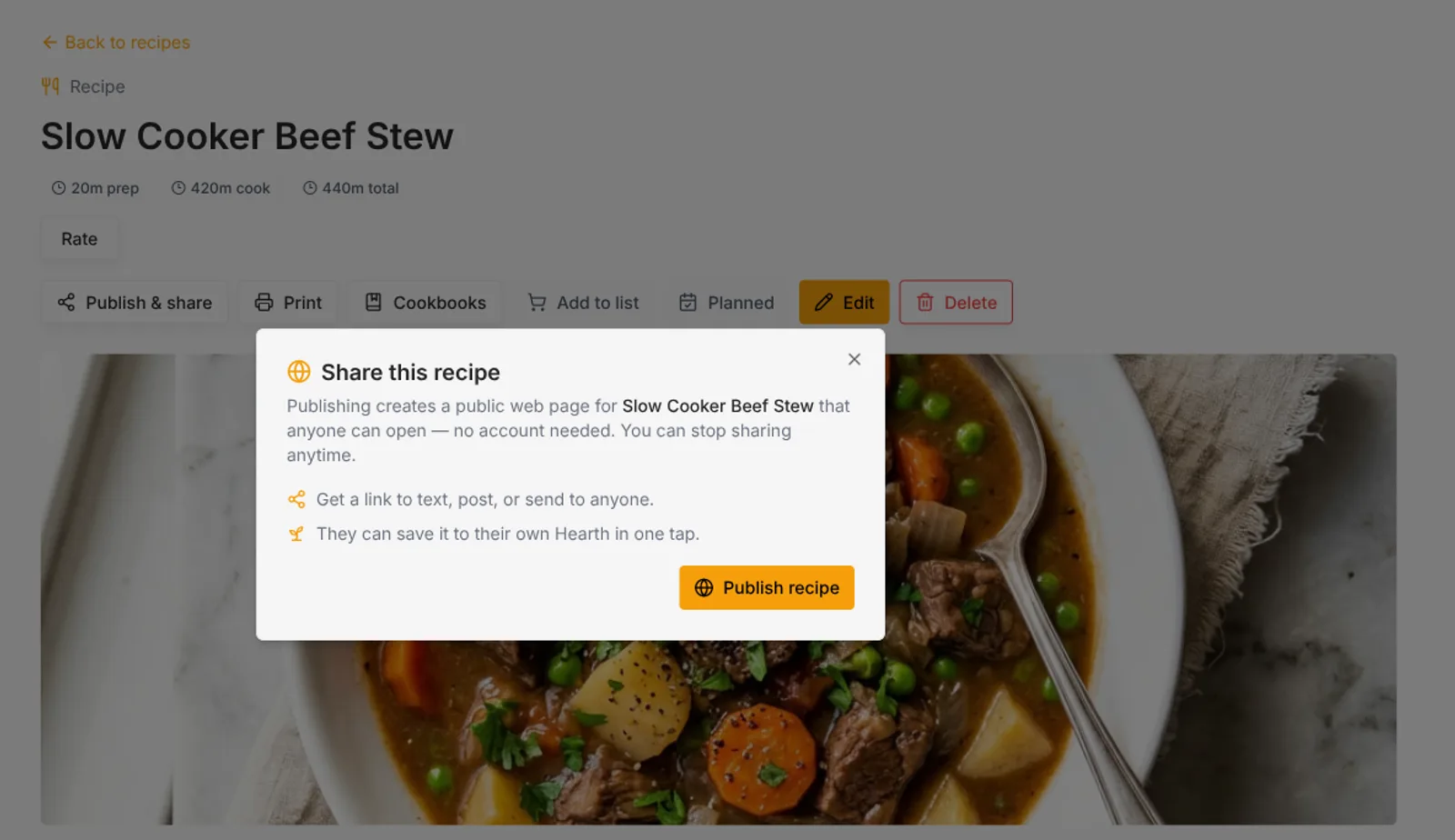 The Share this recipe dialog on the web: publish a public page anyone can open